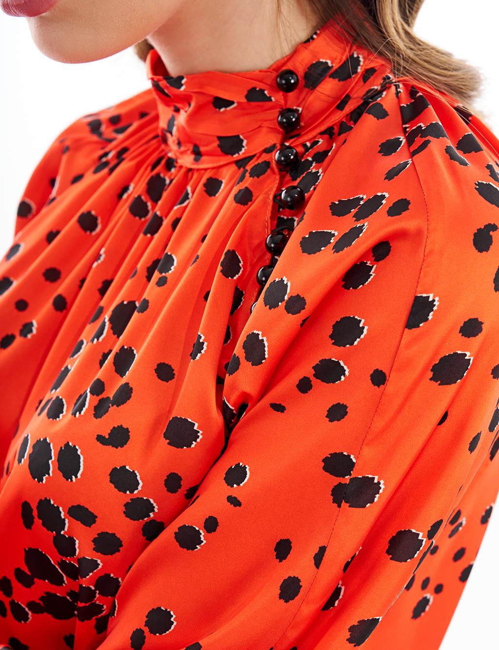 Patterned Balloon Sleeve Blouse Coral