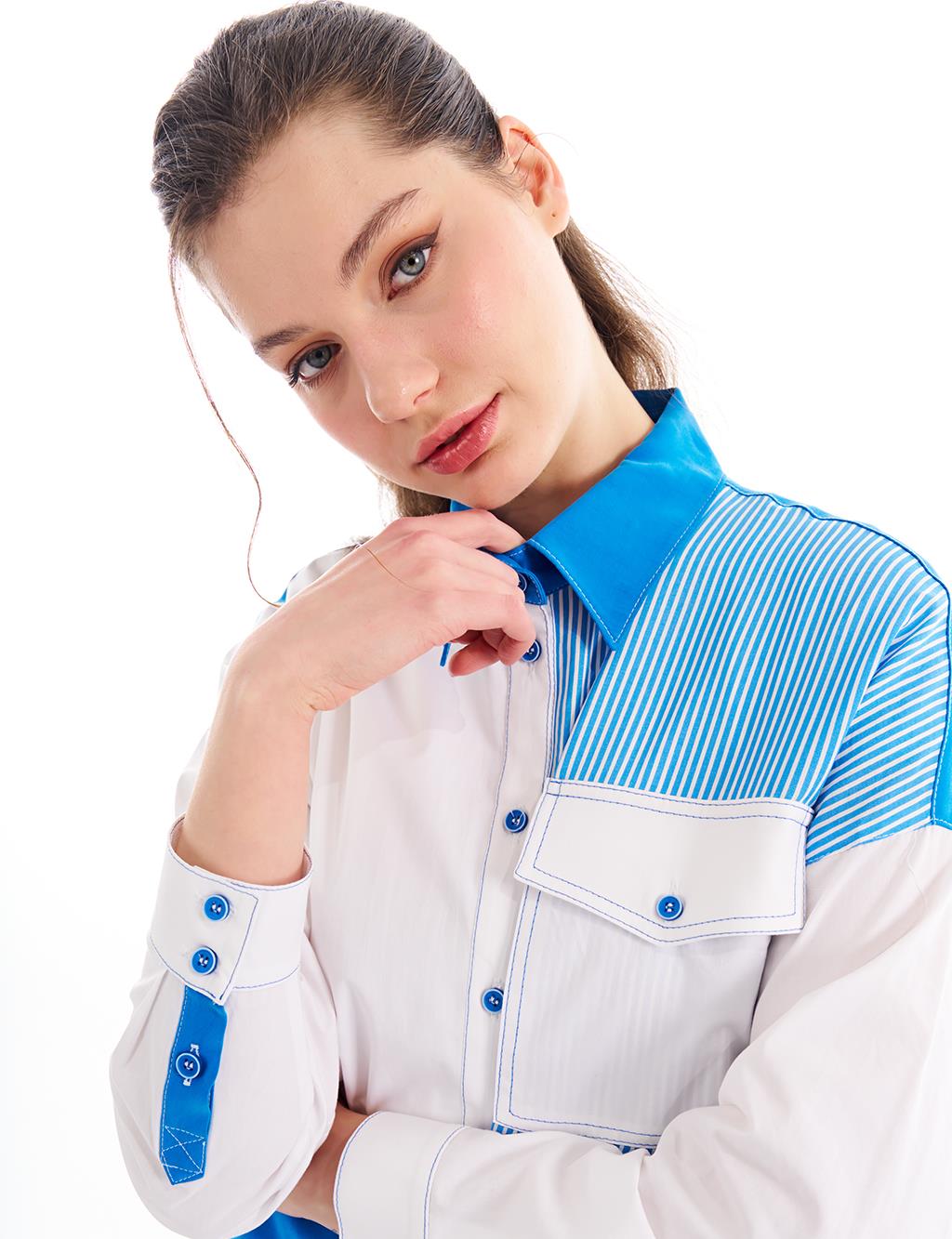 Fabric Mixed Shirt Collar Tunic Cobalt Blue