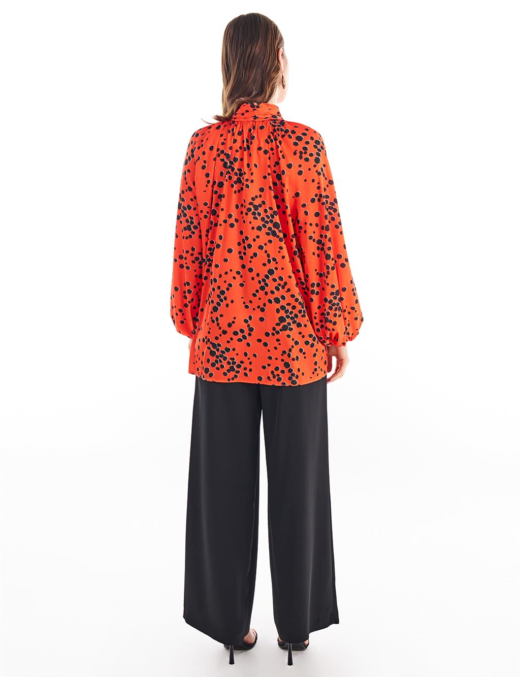 Patterned Balloon Sleeve Blouse Coral