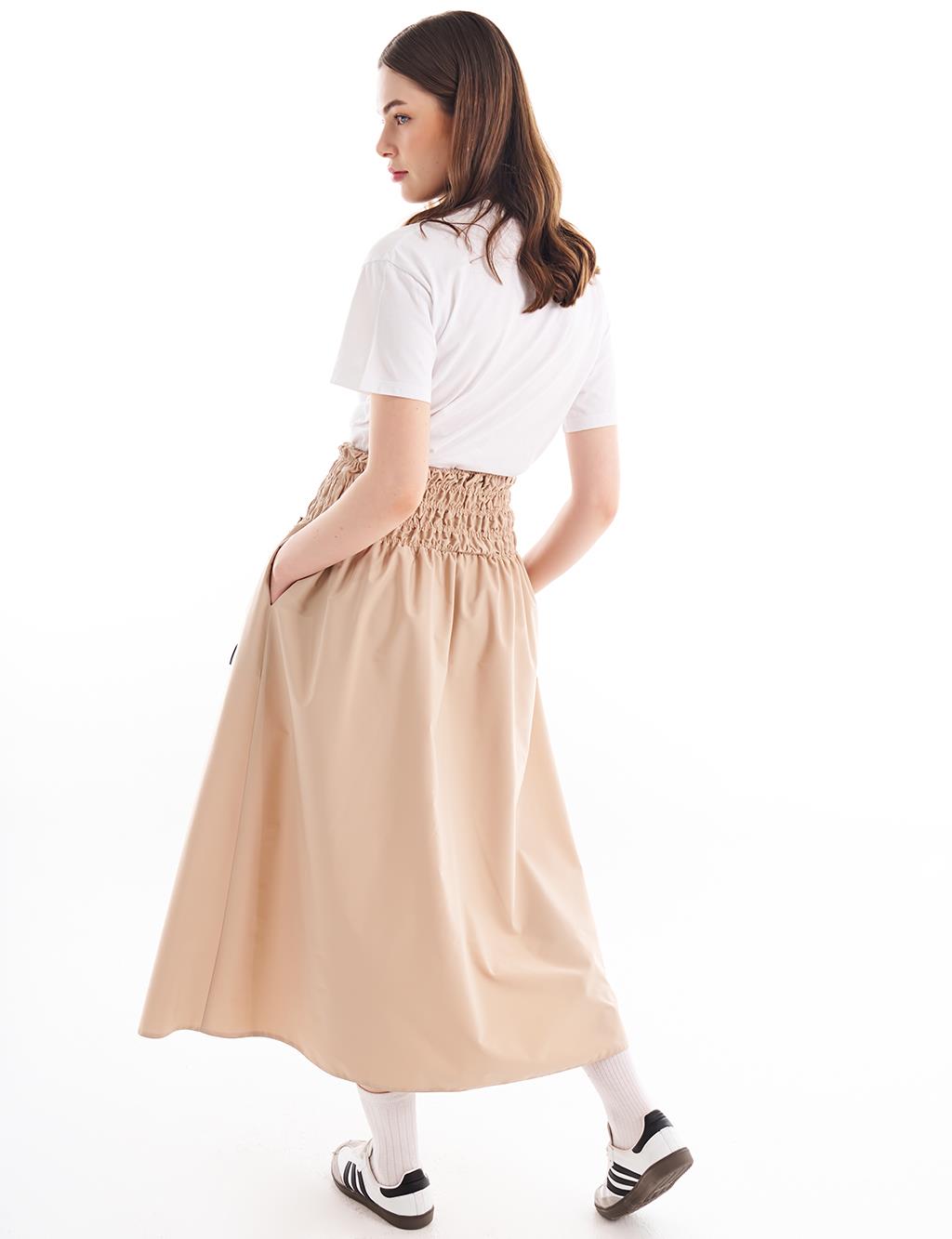 Elastic Waist Accessory Detailed Skirt Beige