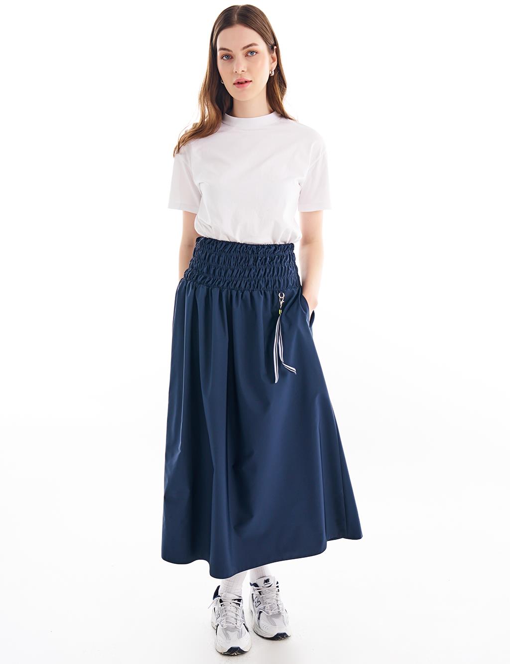 Elastic Waist Accessory Detailed Skirt Navy Blue