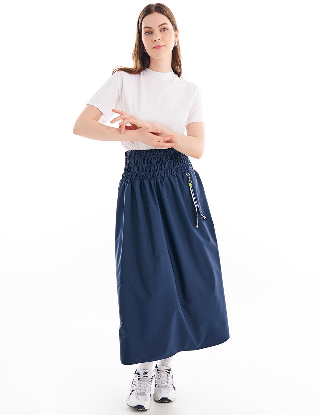 Elastic Waist Accessory Detailed Skirt Navy Blue