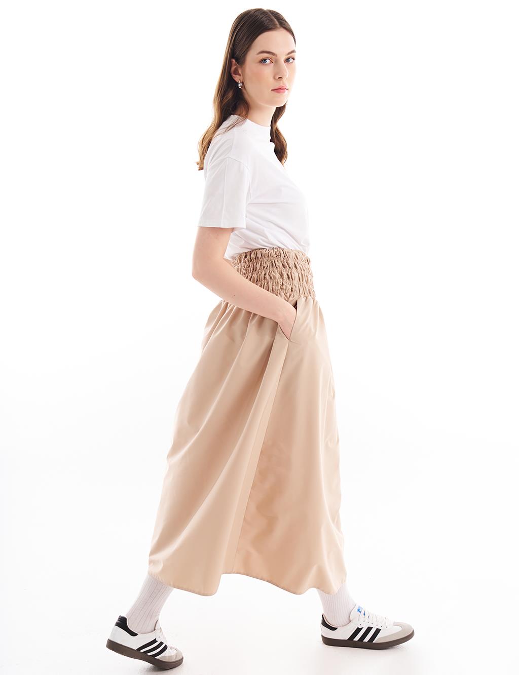 Elastic Waist Accessory Detailed Skirt Beige