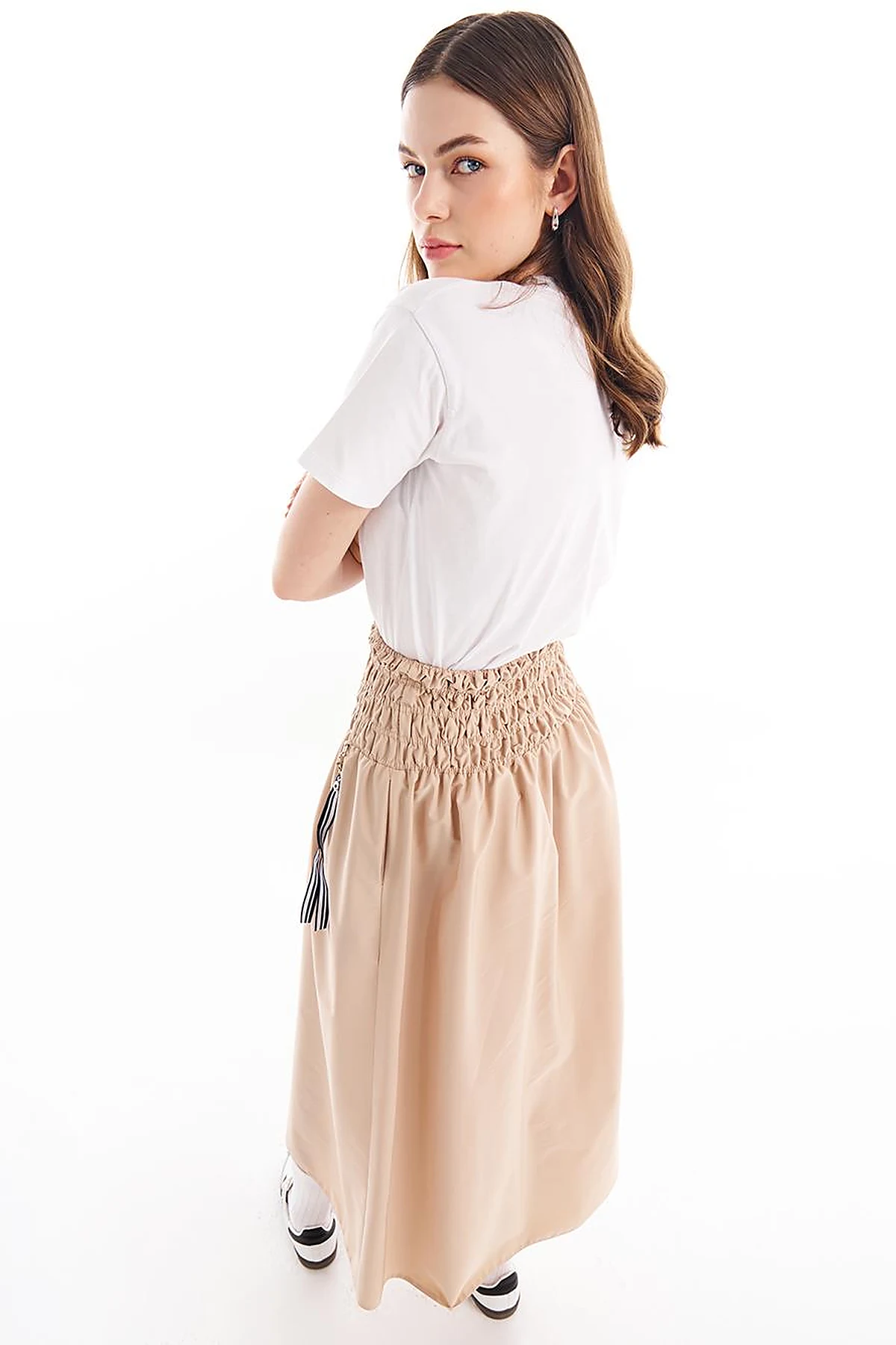 Elastic Waist Flared Skirt Beige