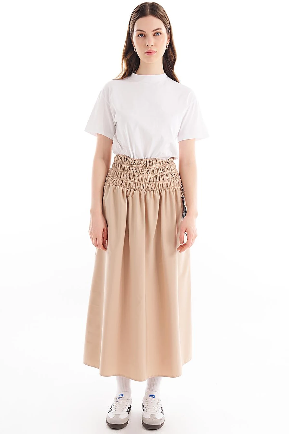 Elastic Waist Flared Skirt Beige