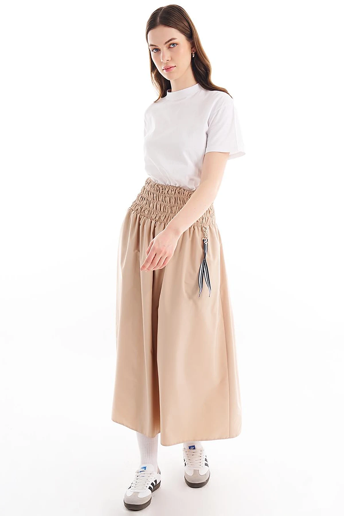 Elastic Waist Flared Skirt Beige