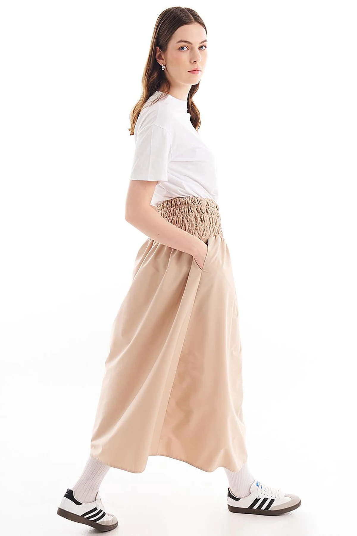 Elastic Waist Flared Skirt Beige