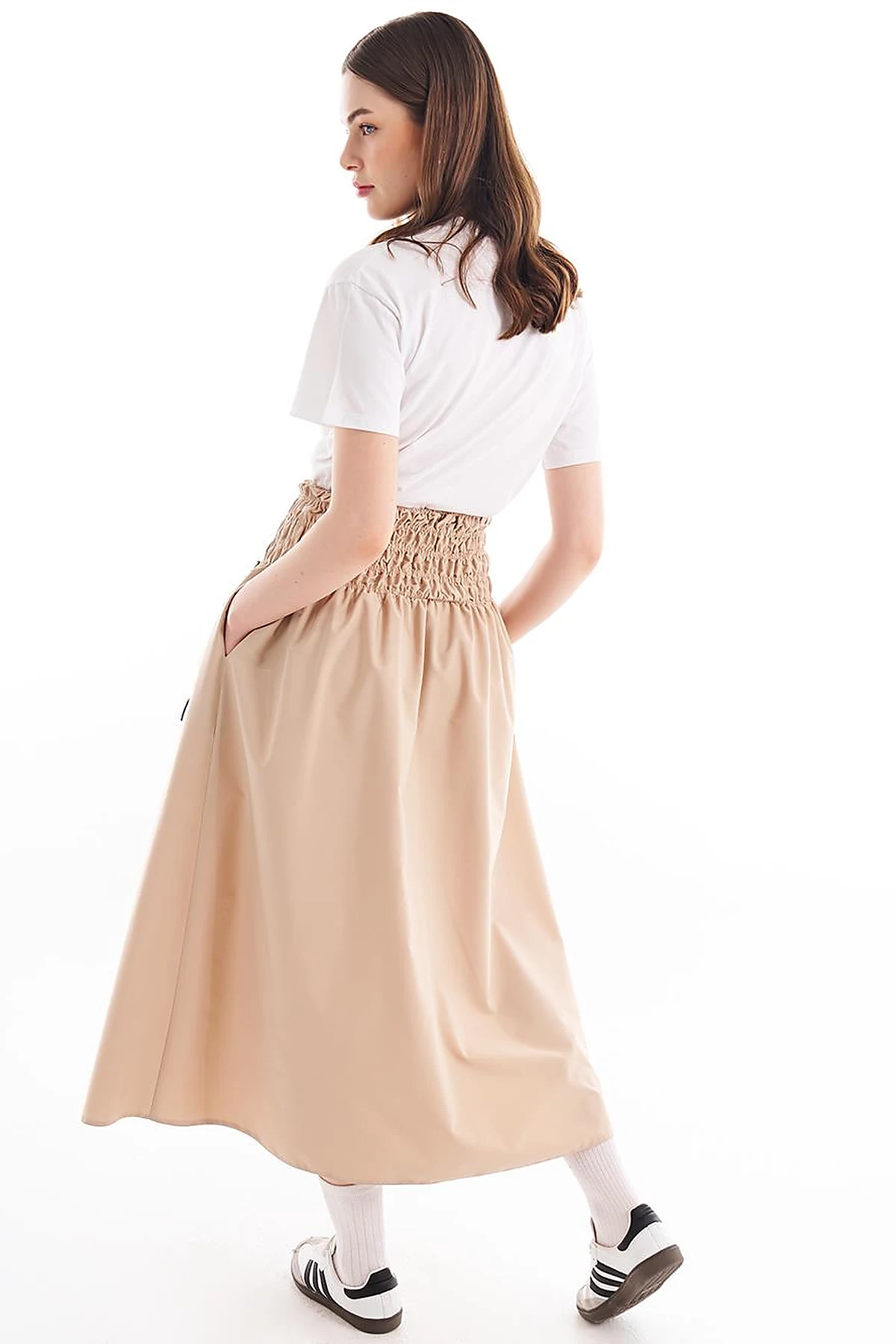 Elastic Waist Flared Skirt Beige