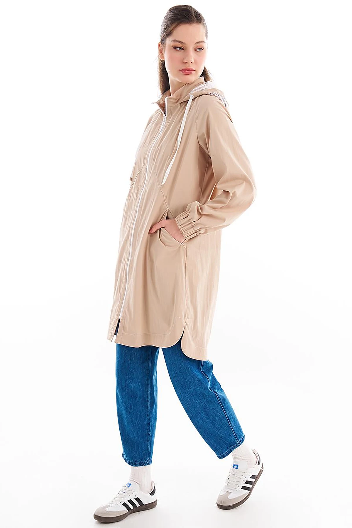 Hooded Detail Throw-On Beige