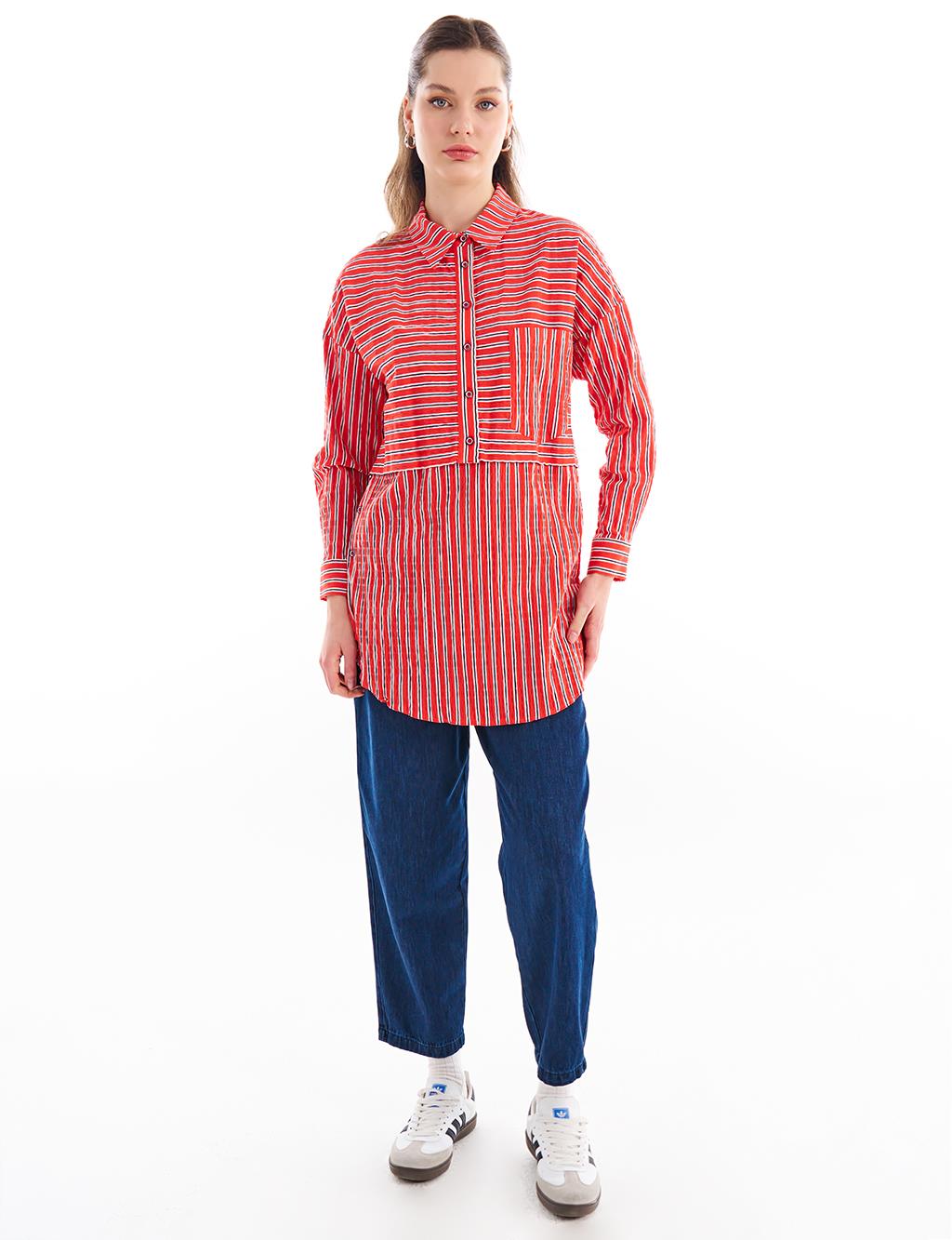 Striped Shirt Collar Tunic Red