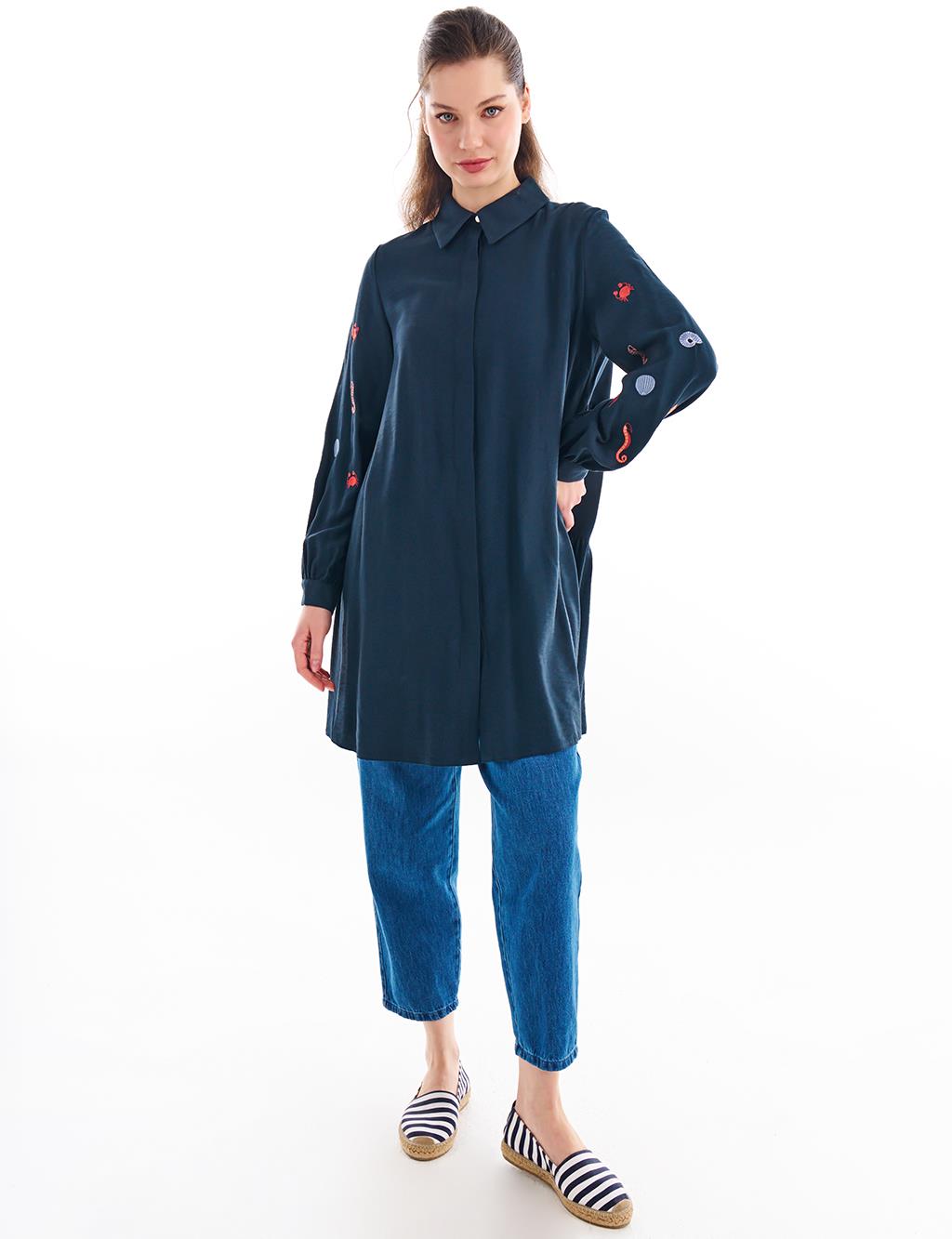 Embroidered Shirt Collar Tunic Navy Blue