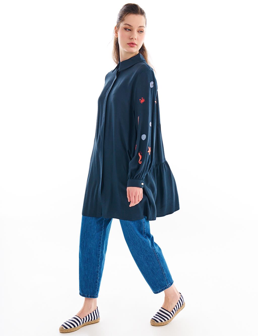 Embroidered Shirt Collar Tunic Navy Blue