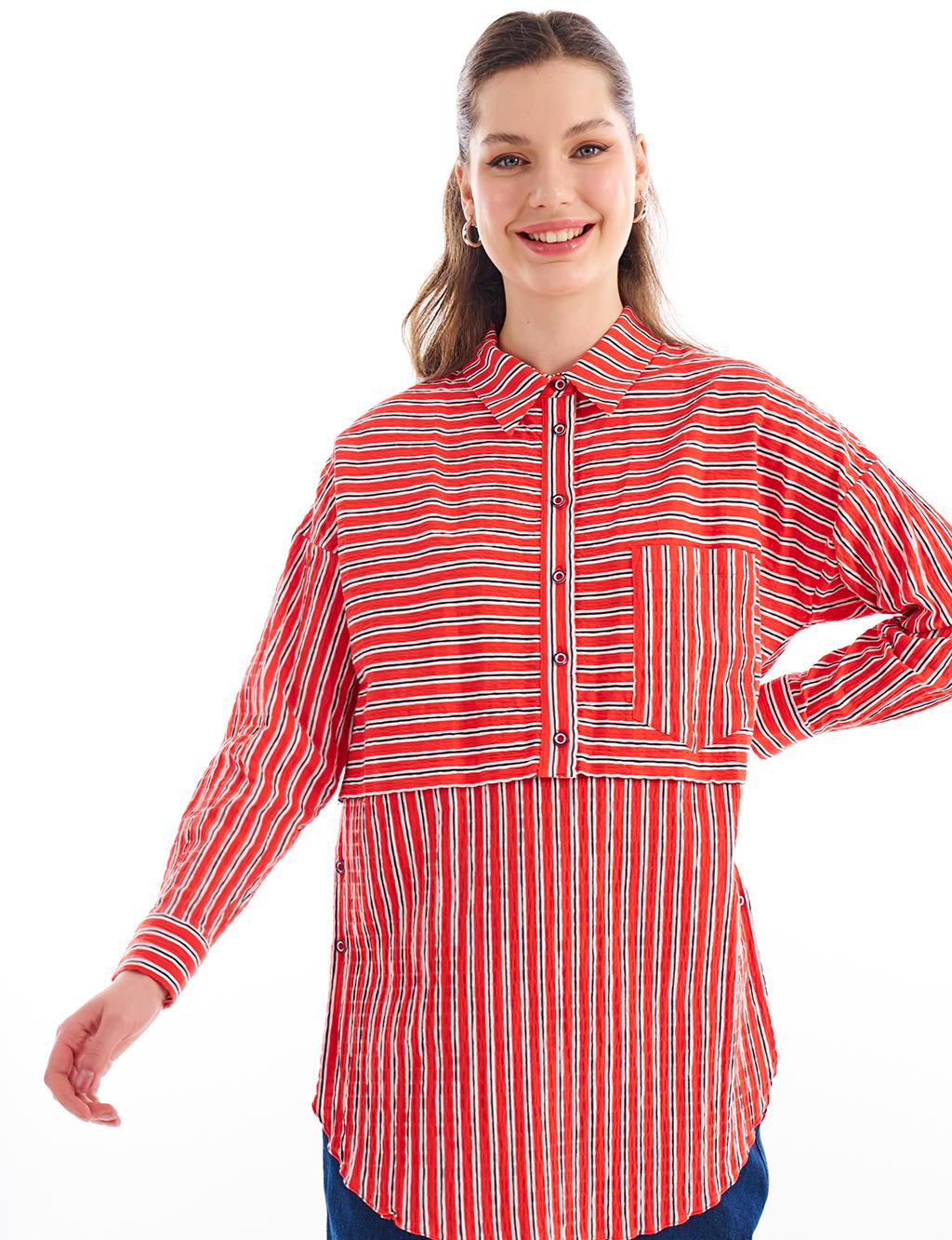Striped Shirt Collar Tunic Red