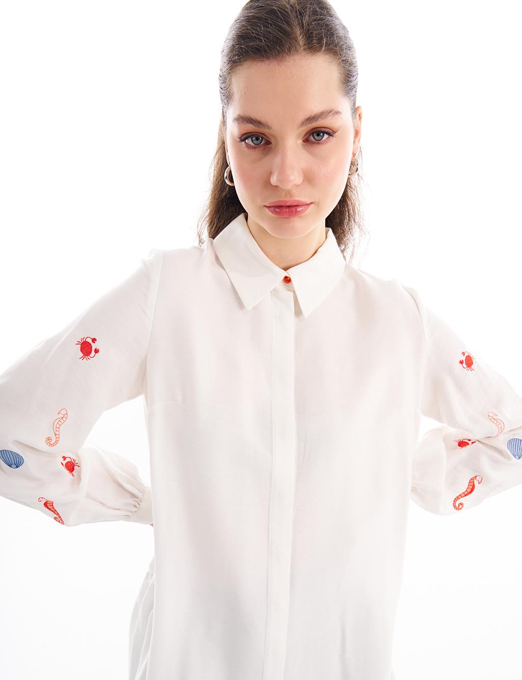 Embroidered Shirt Collar Tunic in Ecru