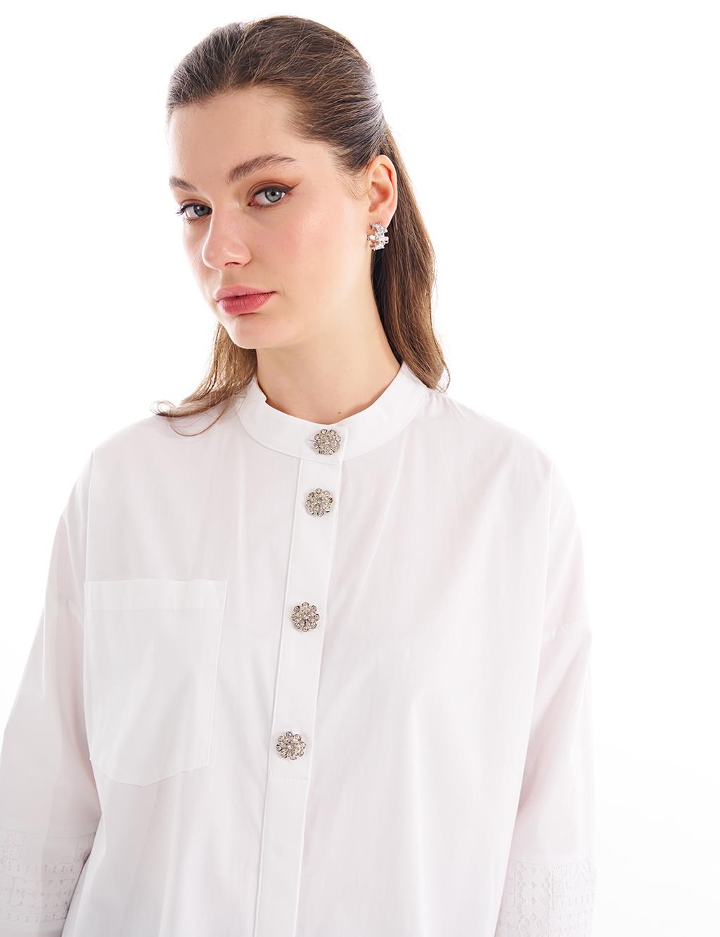 Dantel Detaylı Dik Yaka Bluz Optik Beyaz