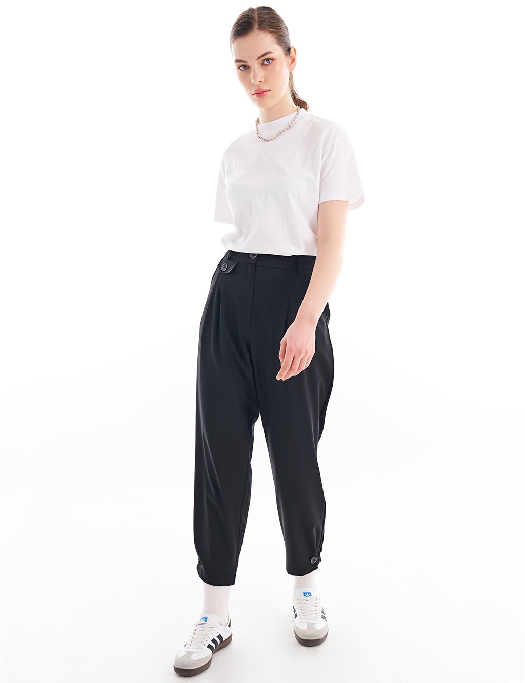 Pleated Accessory Detailed Elastic Waist Trousers Black