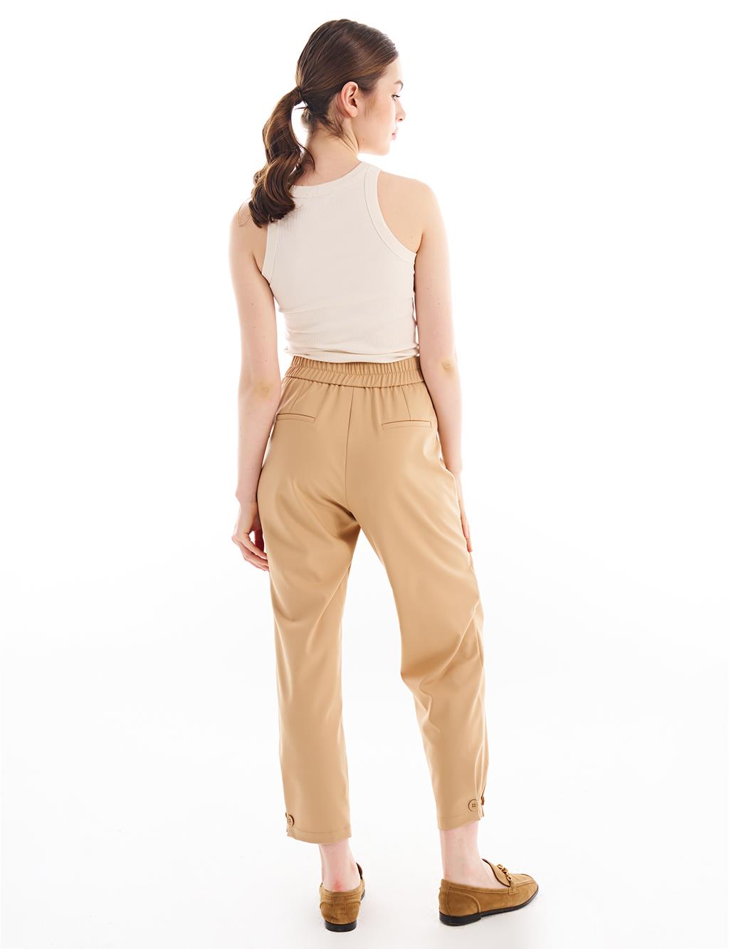 Pleated Accessory Detailed Elastic Waist Trousers Beige
