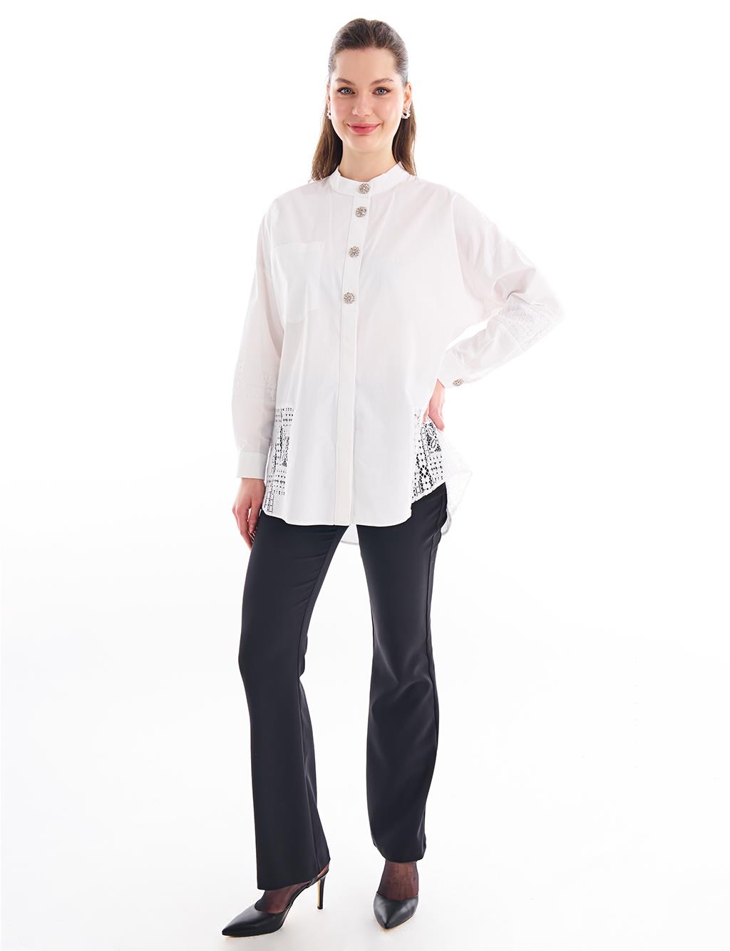 Lace Detailed High Collar Blouse Optical White