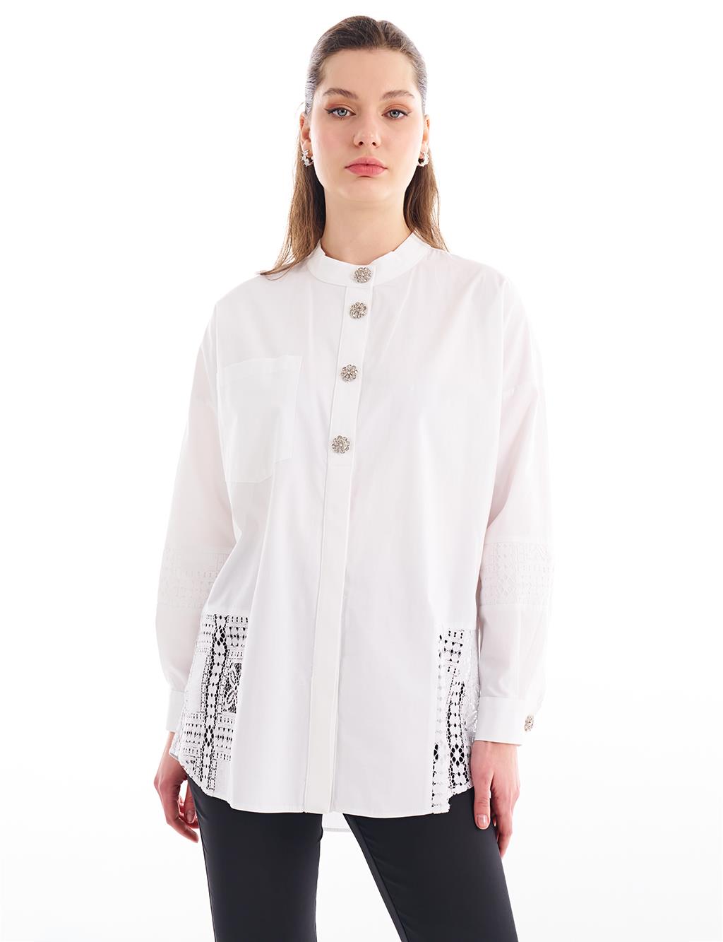 Dantel Detaylı Dik Yaka Bluz Optik Beyaz