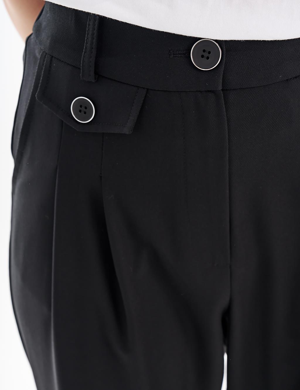 Pileli Aksesuar Detaylı Beli Lastikli Pantolon Siyah 