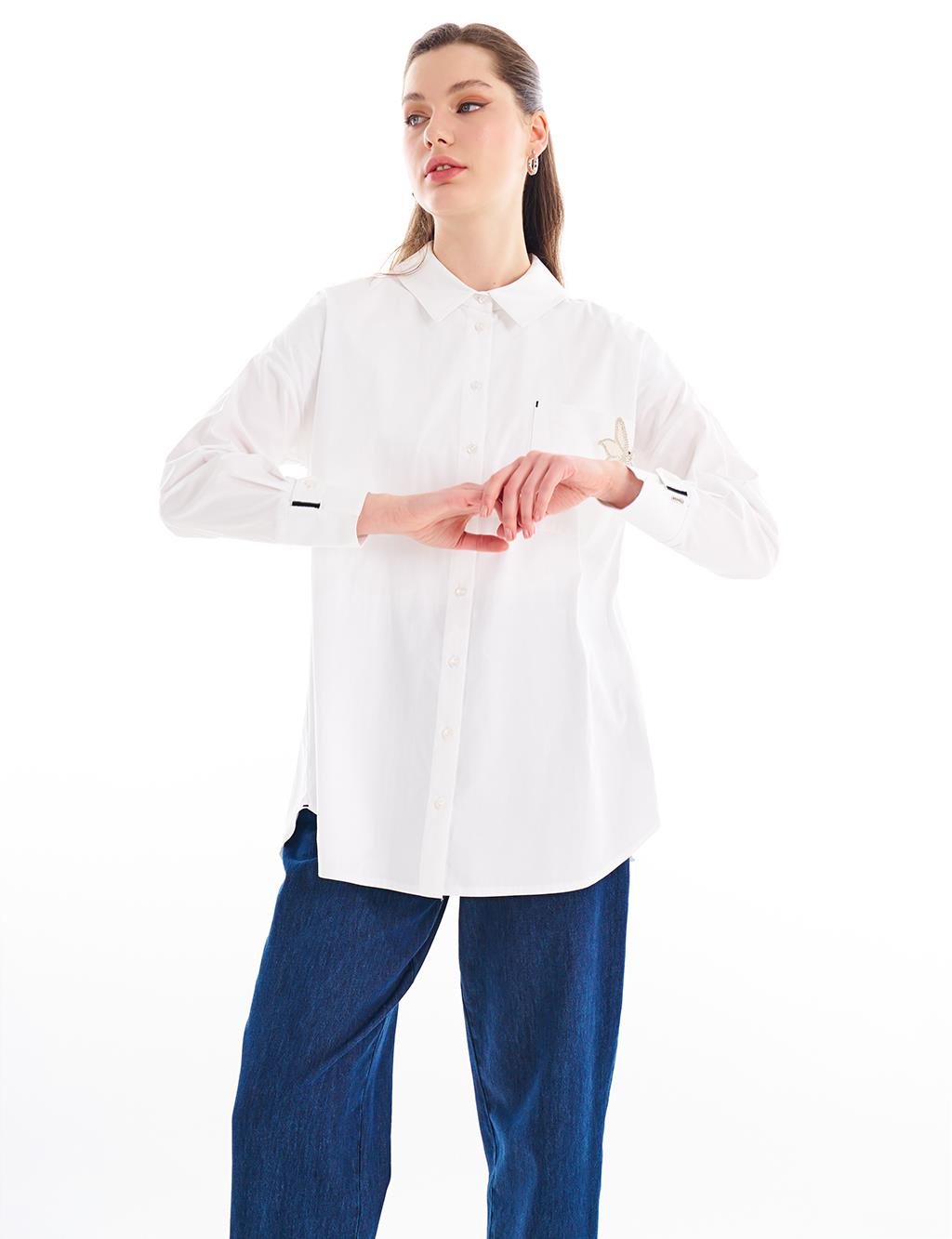 Aksesuar Detaylı Gömlek Yaka Tunik Optik Beyaz