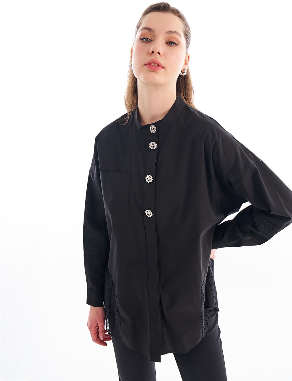 Lace Detailed High Collar Tunic Black