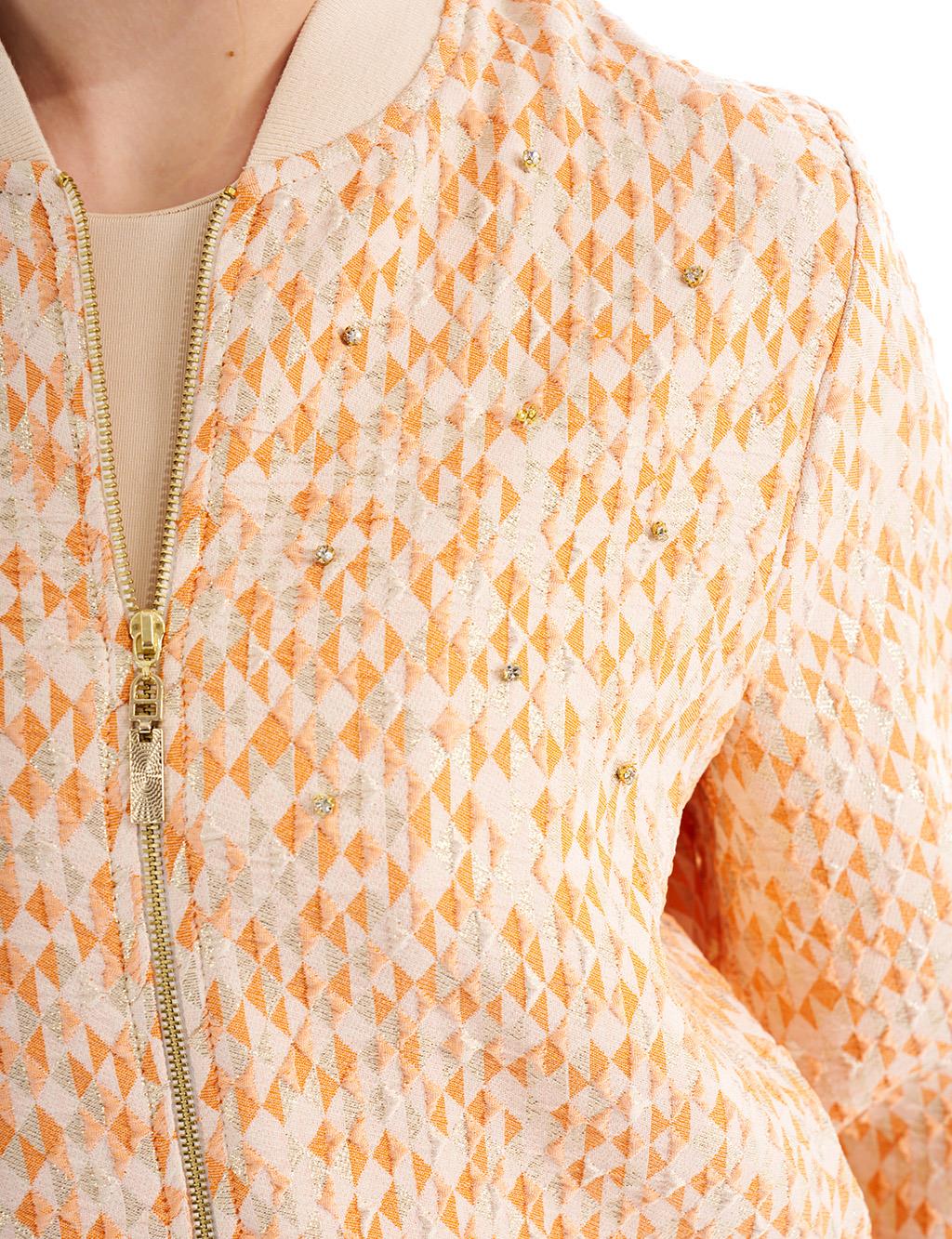 College Collar Abstract Pattern Zipper Jacket Orange