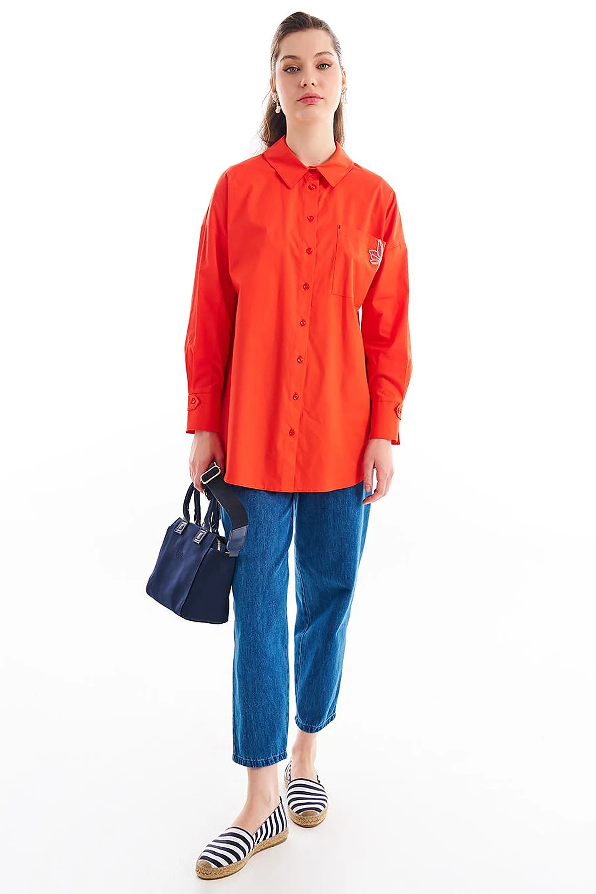 Accessory Detailed Shirt Collar Tunic Red