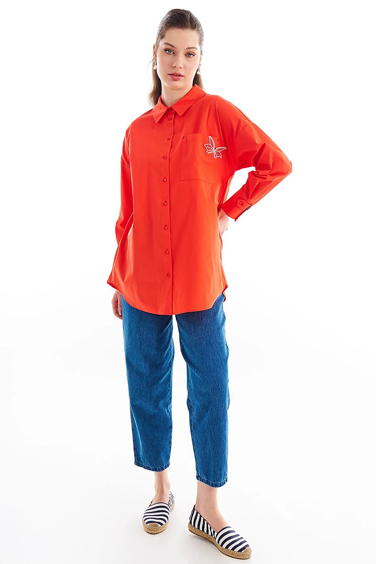 Accessory Detailed Shirt Collar Tunic Red