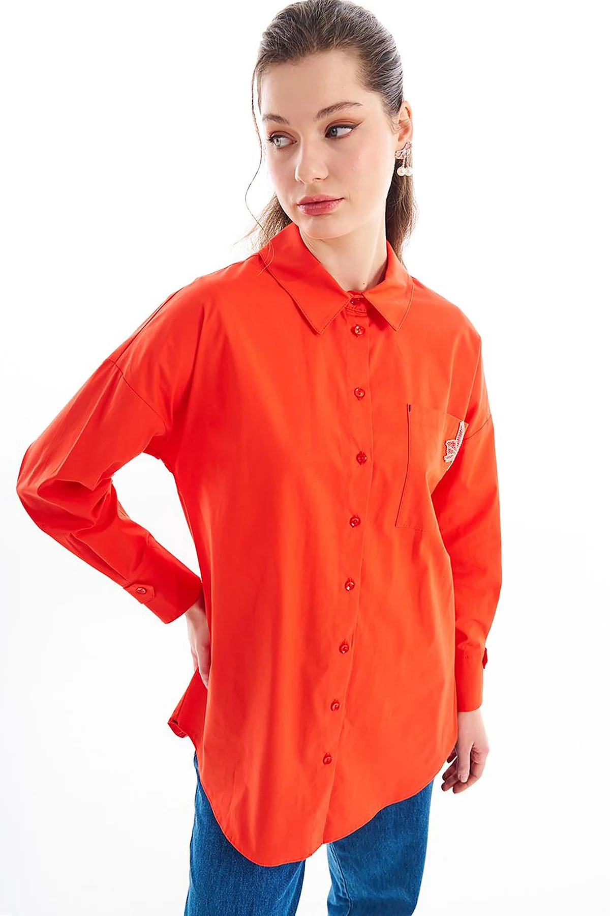 Accessory Detailed Shirt Collar Tunic Red