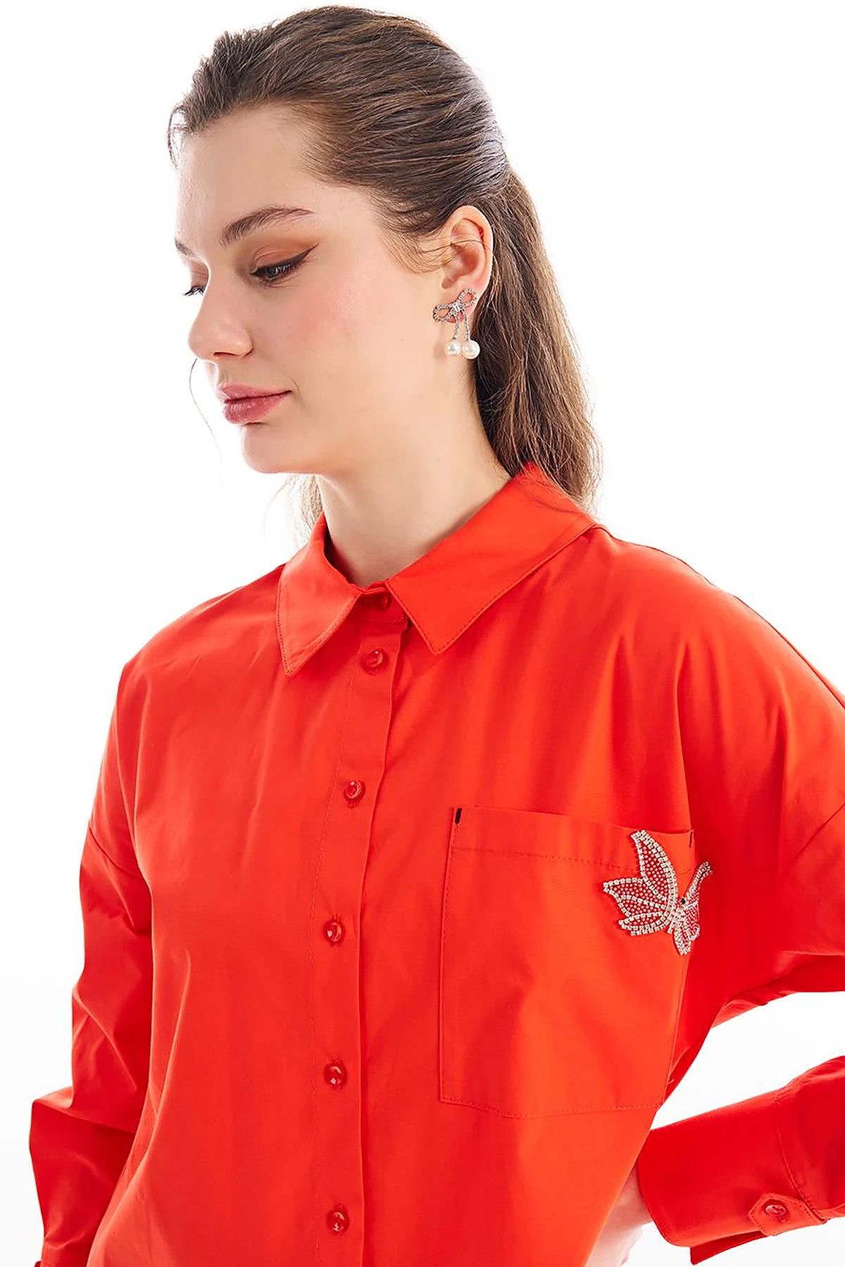Accessory Detailed Shirt Collar Tunic Red