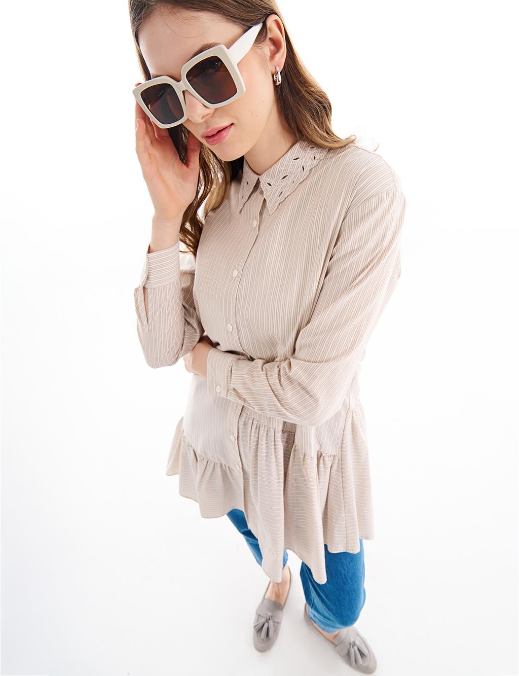 Embroidered Shirt Collar Tunic Sand Beige