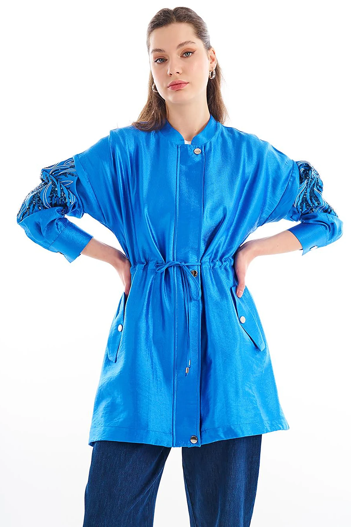 Embroidered Adjustable Waist Jacket Sky Blue