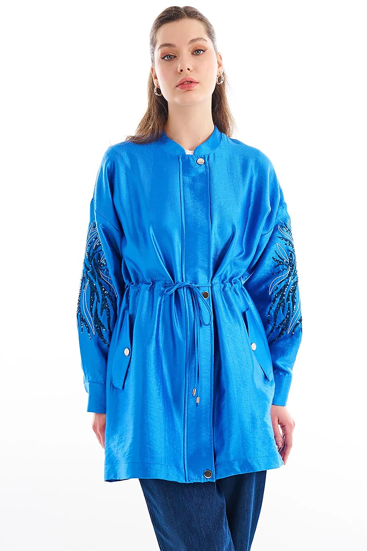 Embroidered Adjustable Waist Jacket Sky Blue