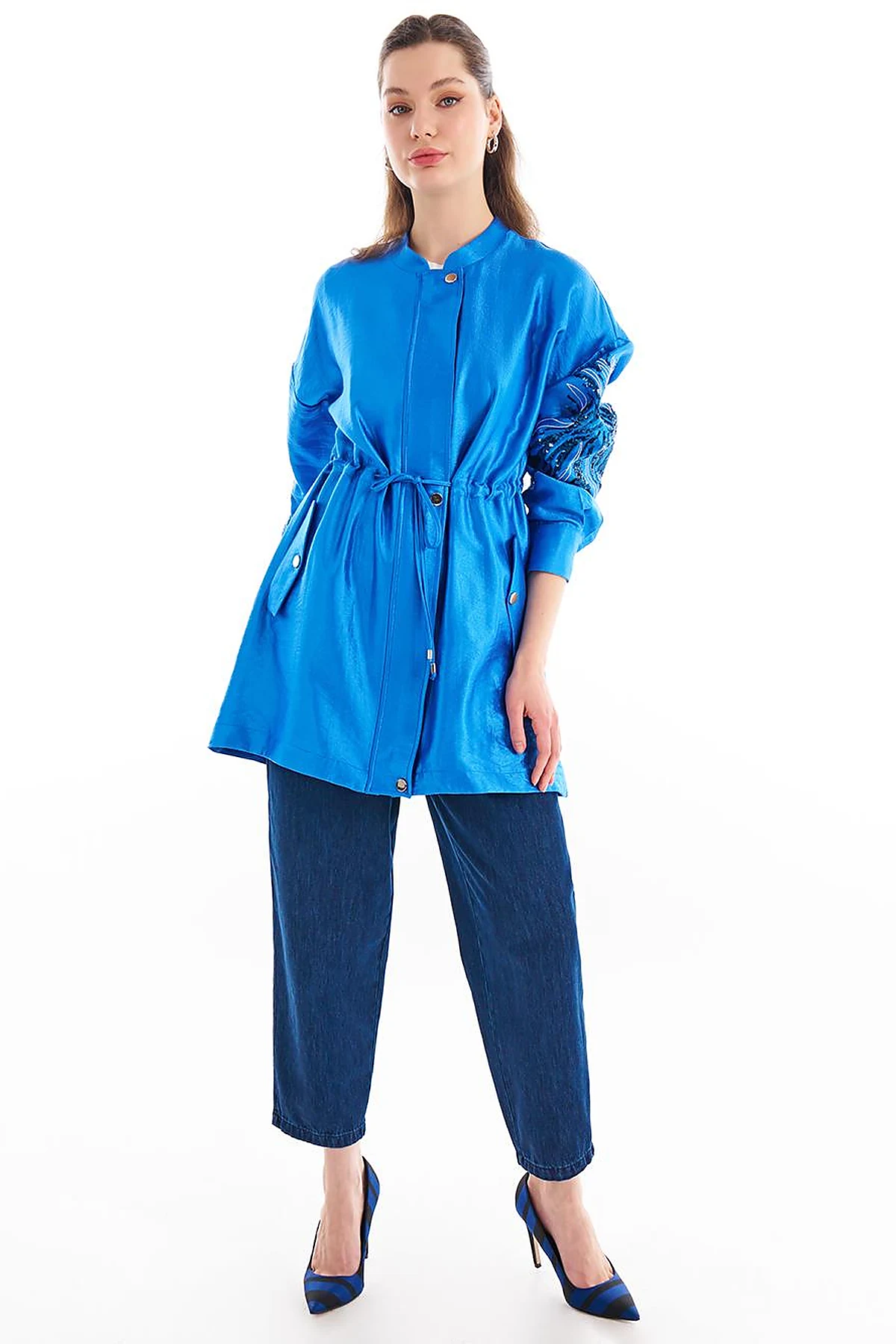 Embroidered Adjustable Waist Jacket Sky Blue