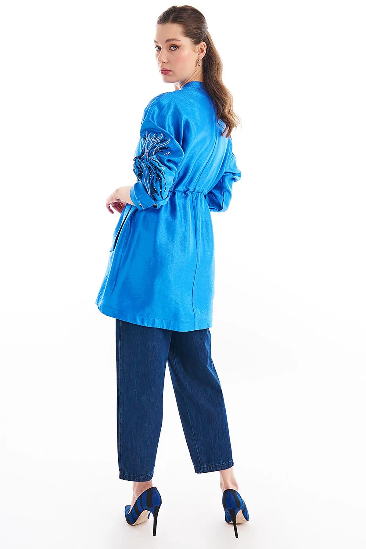 Embroidered Adjustable Waist Jacket Sky Blue