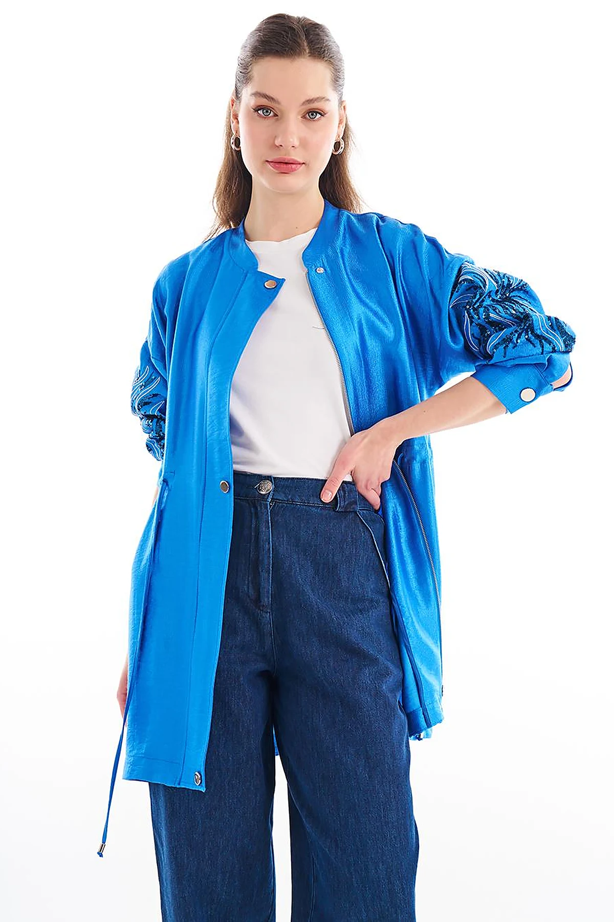 Embroidered Adjustable Waist Jacket Sky Blue