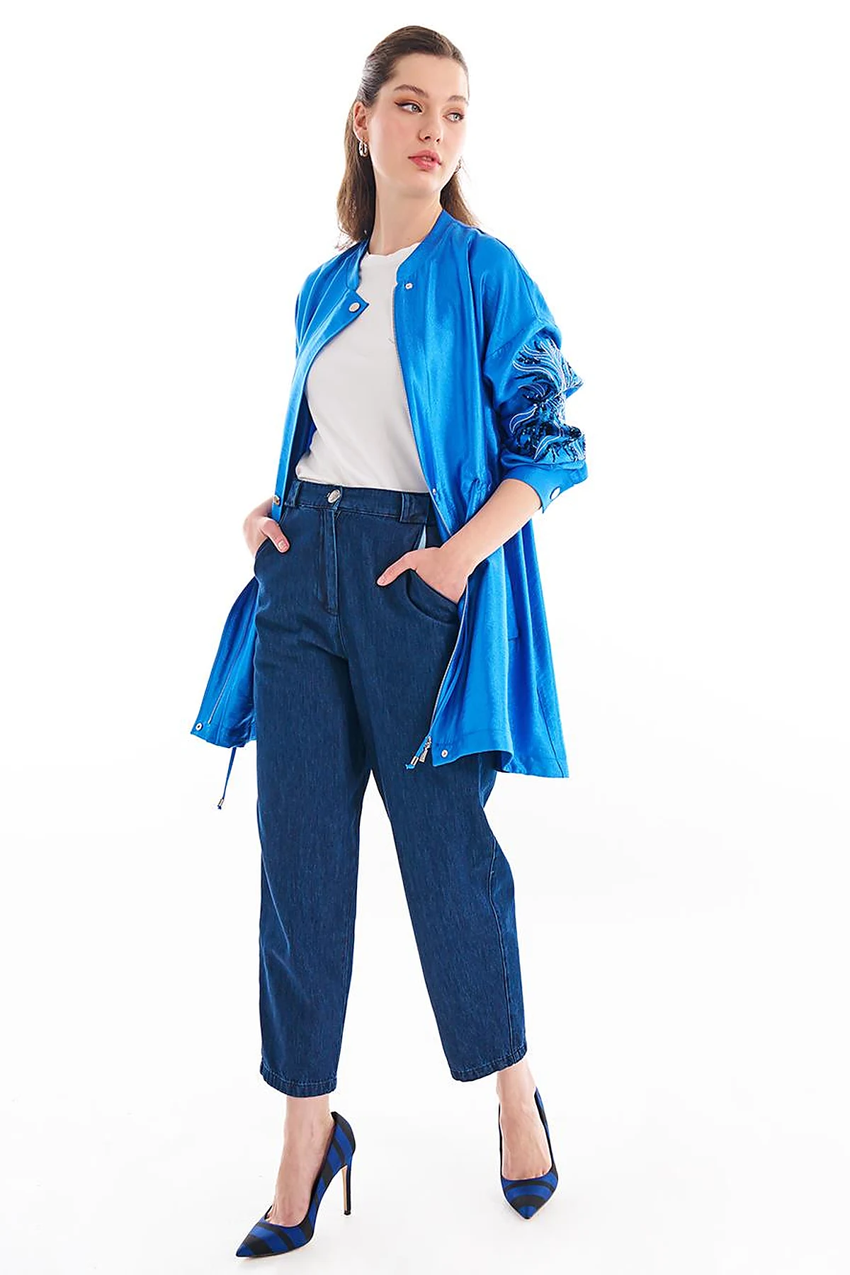 Embroidered Adjustable Waist Jacket Sky Blue