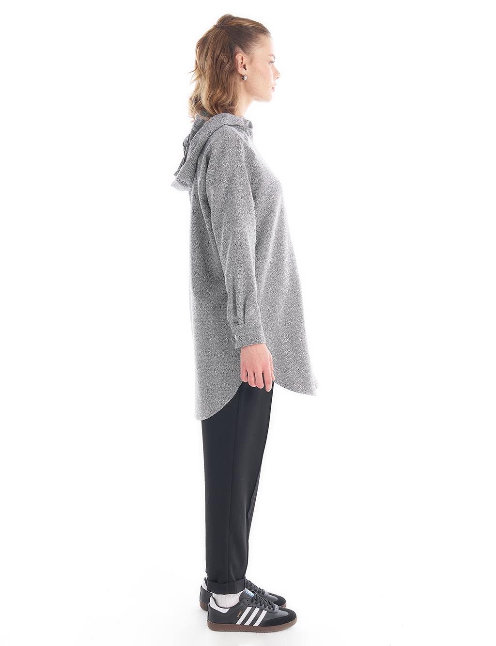 Fermuar Detaylı Kapüşonlu Sweatshirt Siyah-Optik Beyaz