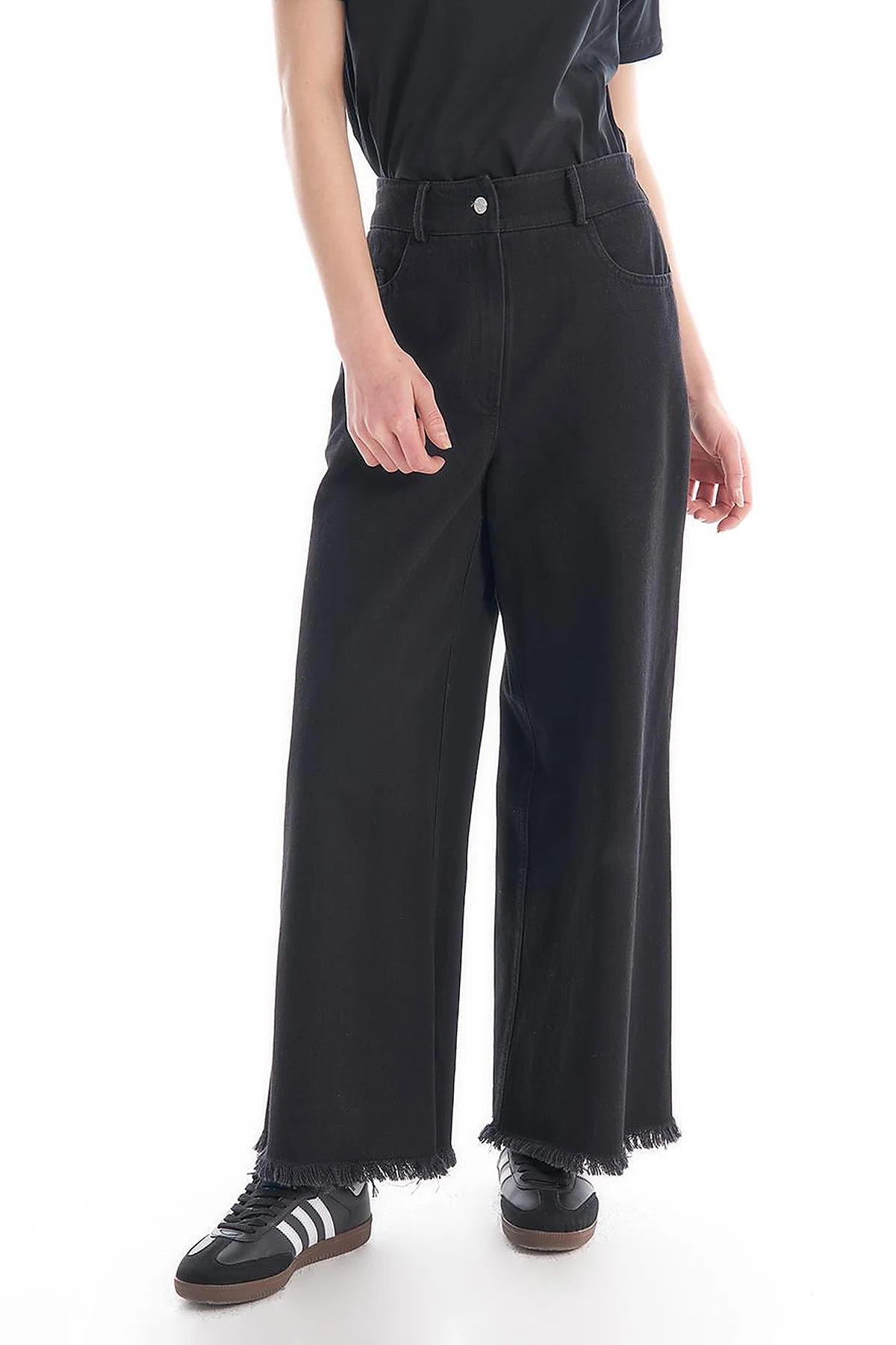 Beli Lastikli Püsküllü Denim Pantolon Siyah