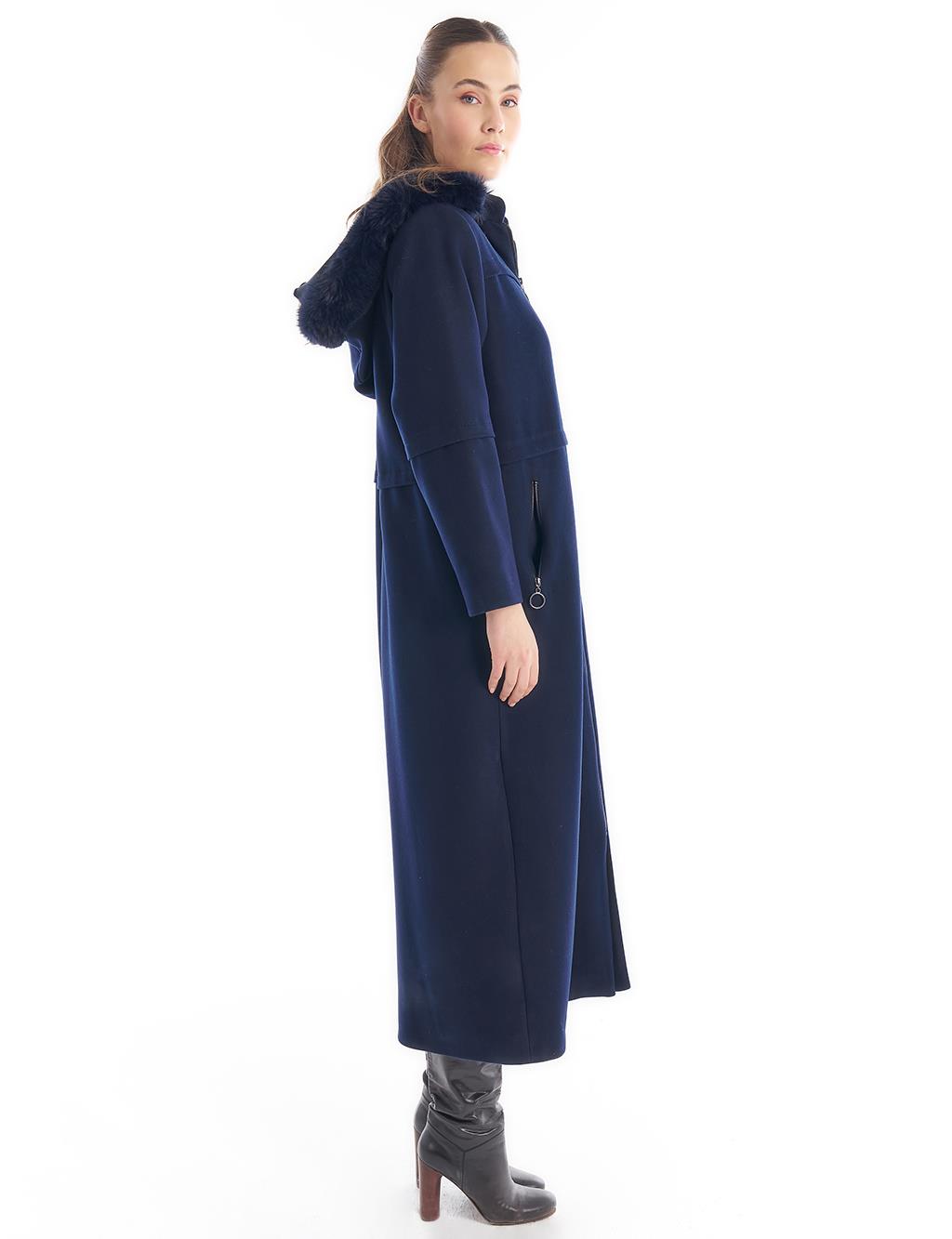 Ribbed Zippered Coat Dark Navy Blue