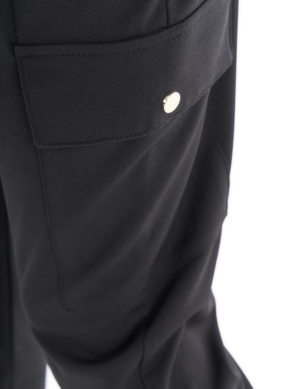 Elastic Waist Cargo Pocket Trousers Black