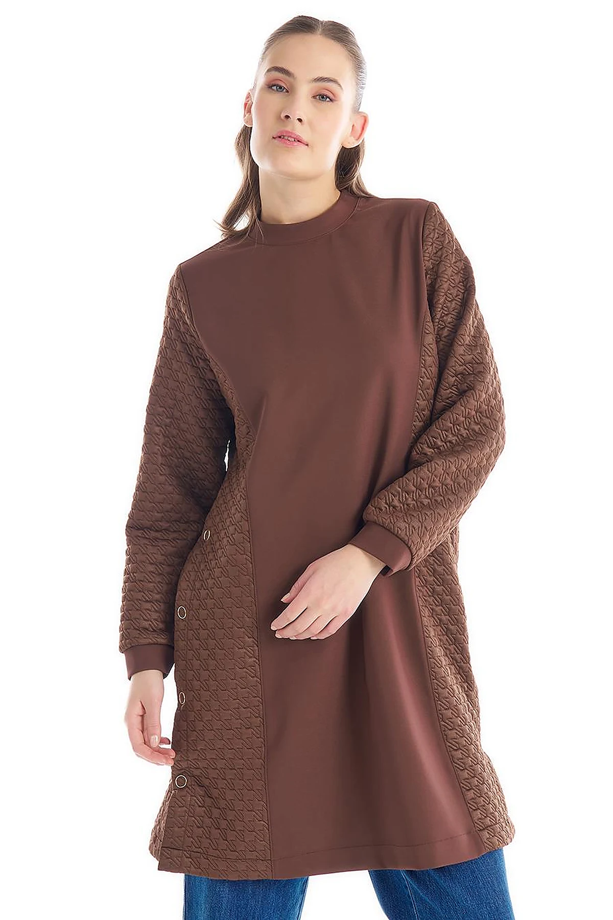 Houndstooth Textured High Collar Tunic Dark Brown