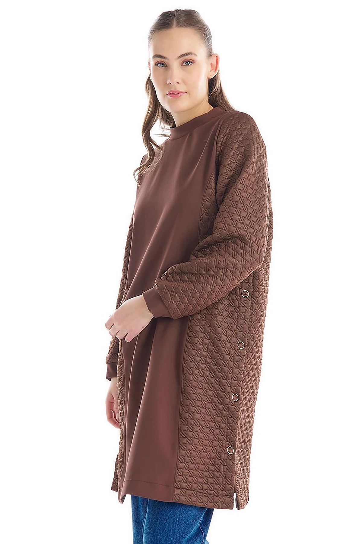 Houndstooth Textured High Collar Tunic Dark Brown