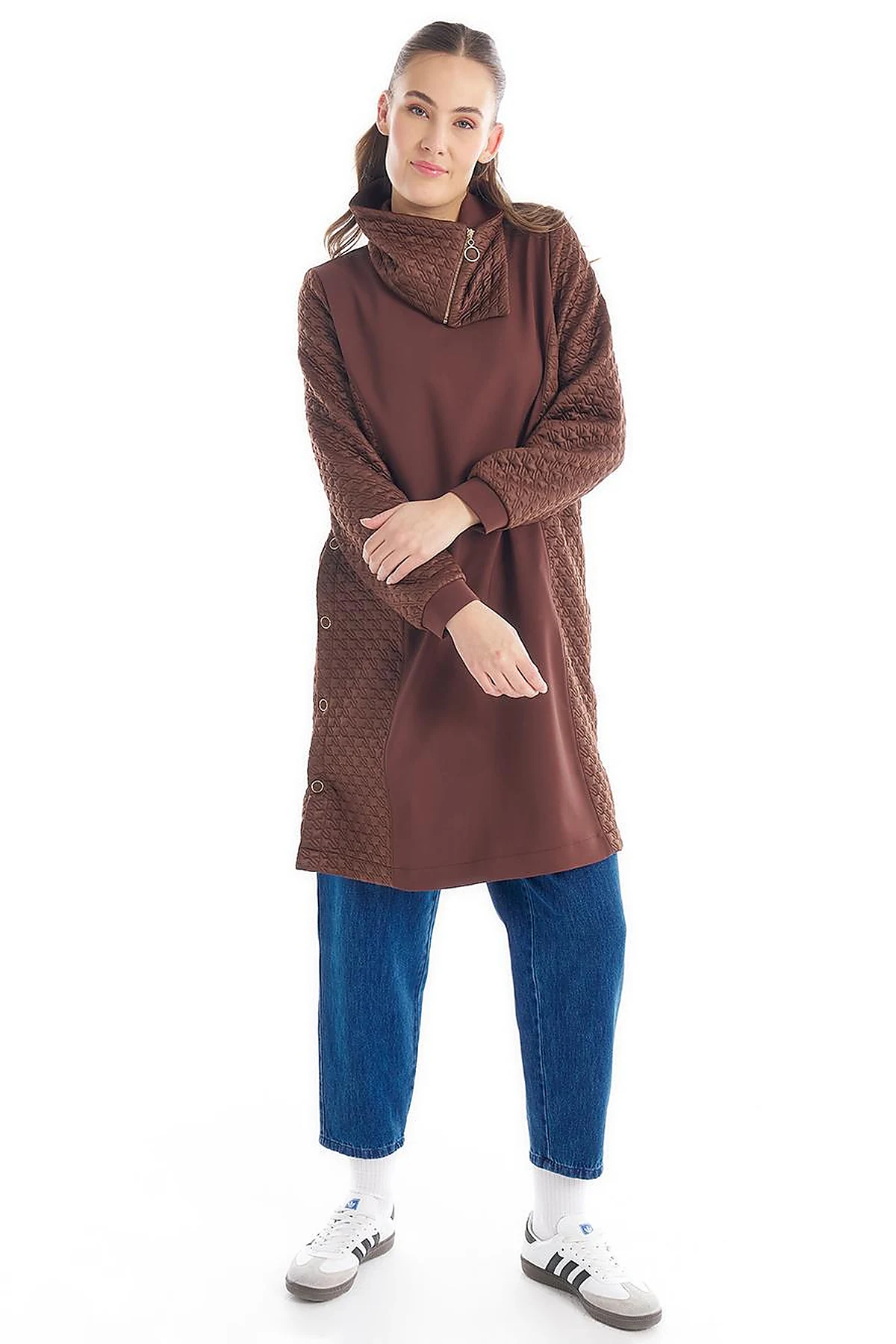 Houndstooth Textured High Collar Tunic Dark Brown