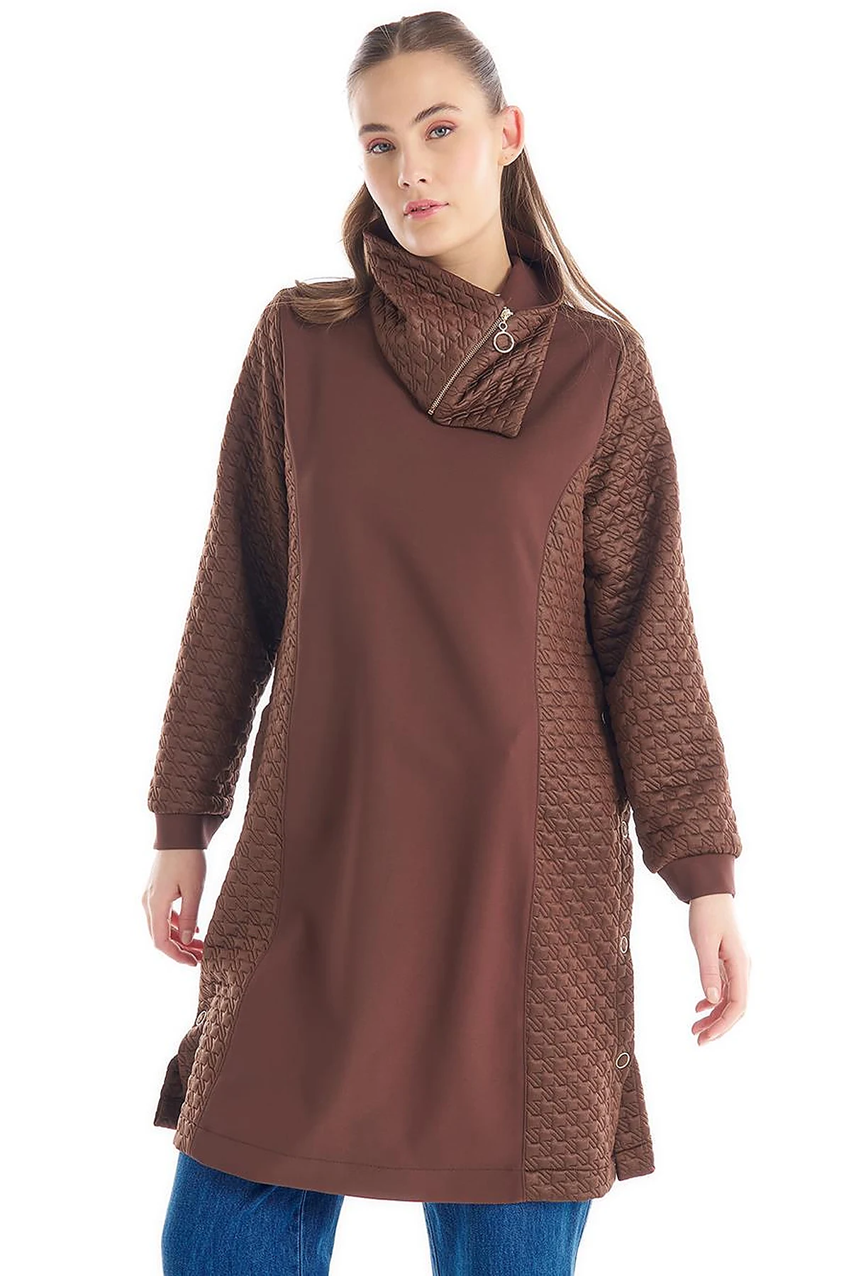 Houndstooth Textured High Collar Tunic Dark Brown