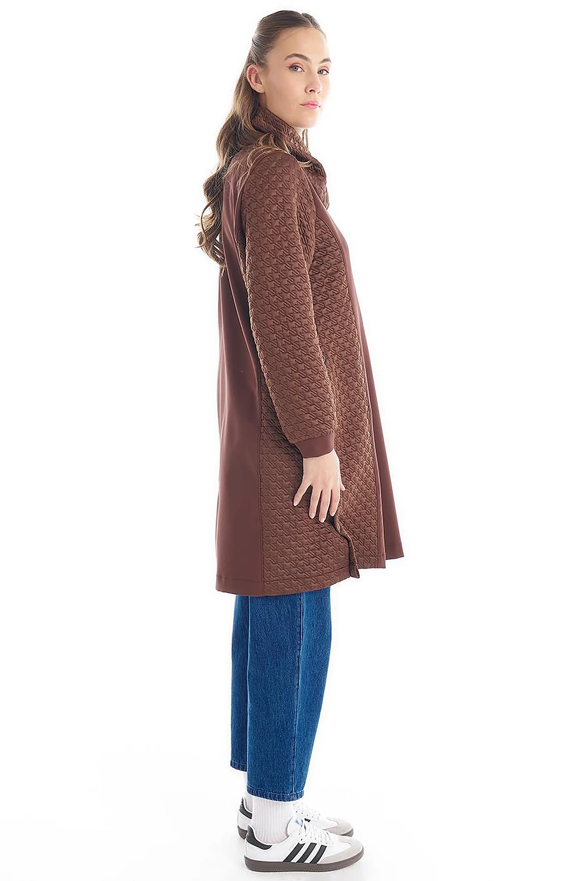 Houndstooth Textured High Collar Tunic Dark Brown