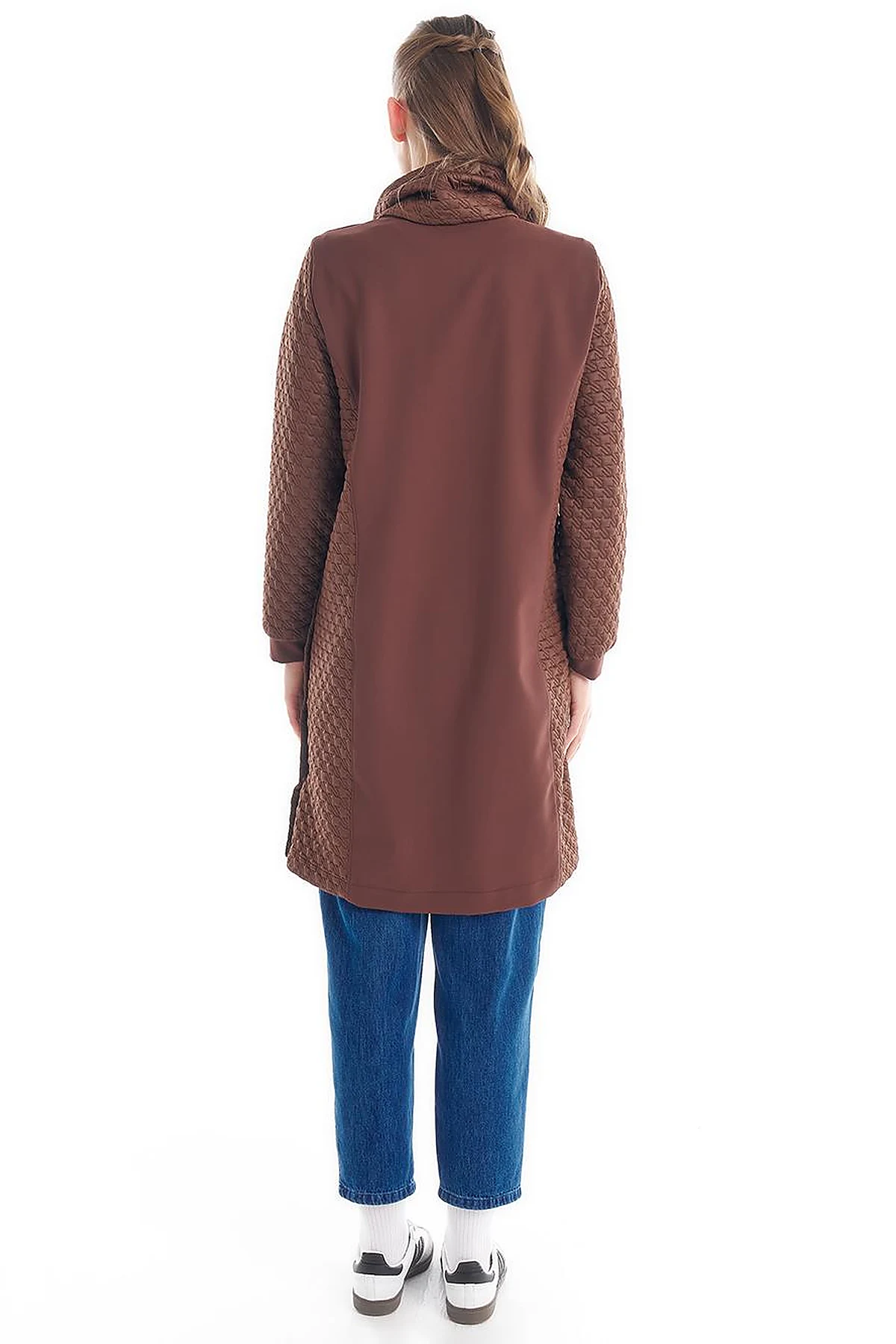 Houndstooth Textured High Collar Tunic Dark Brown