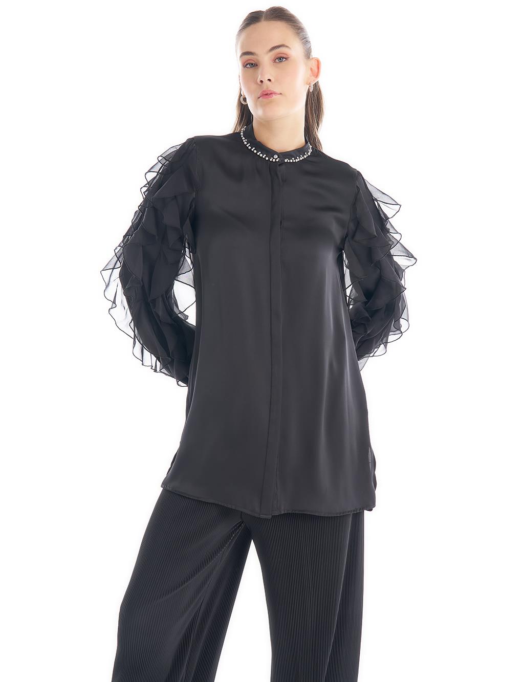 Stone-Embroidered Ruffled Tunic in Black