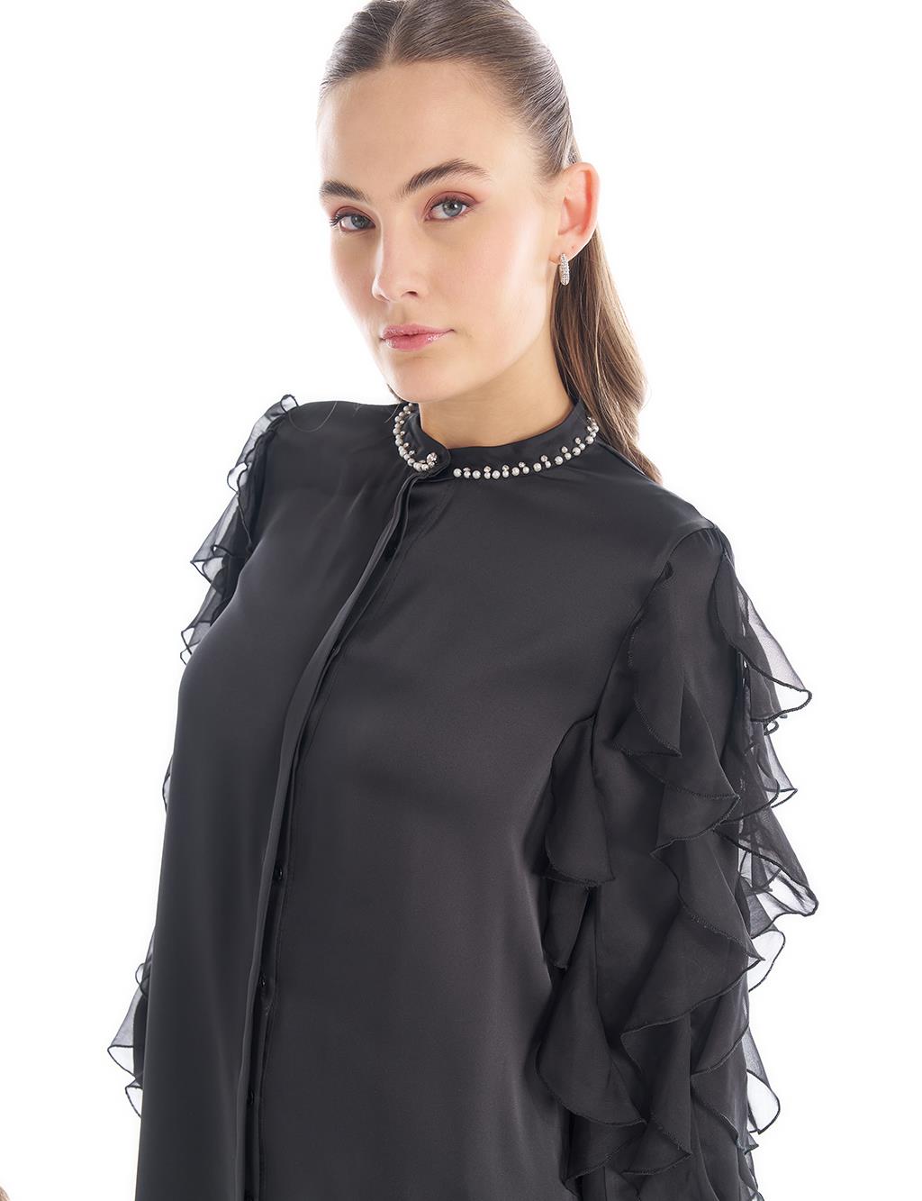 Stone-Embroidered Ruffled Tunic in Black